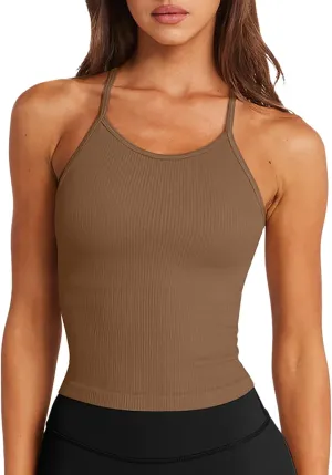 LASLULU Womens Sports Bra Seamless Long Crop Tank Racer Back Spaghetti Strap Workout Yoga Bra Padded Halter Neck Casual Tops