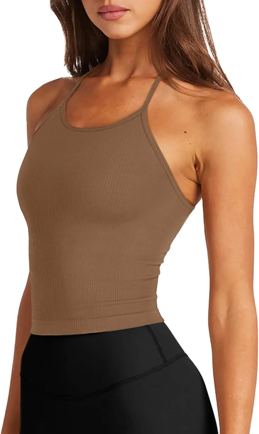 LASLULU Womens Sports Bra Seamless Long Crop Tank Racer Back Spaghetti Strap Workout Yoga Bra Padded Halter Neck Casual Tops