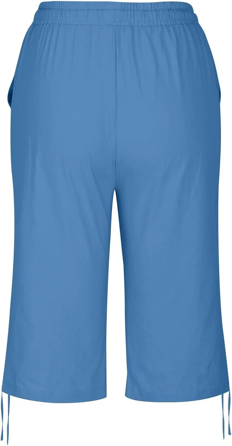 Linen Capri Pants for Womens High Waisted Drawstring Wide Leg Summer Capris Lightweight Elastic Casual Trousers
