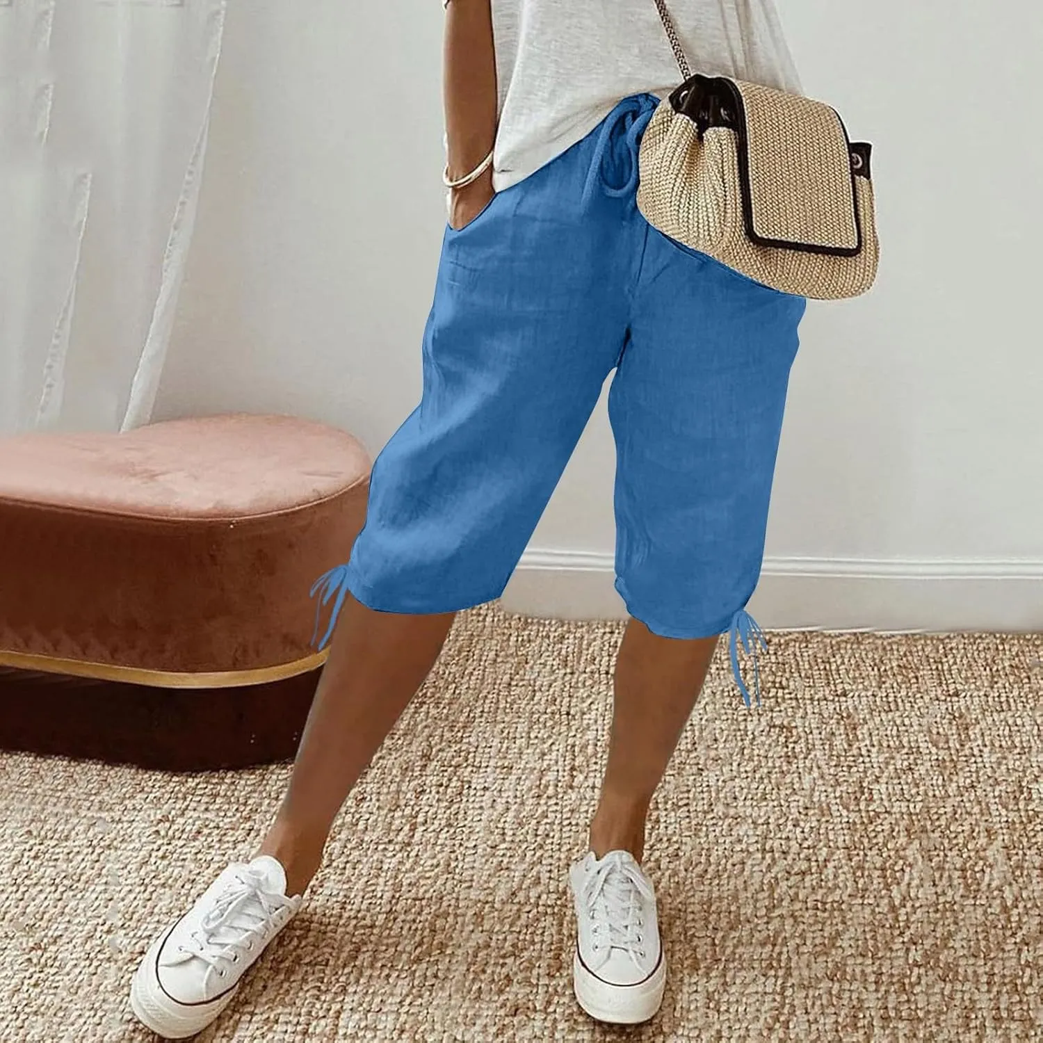 Linen Capri Pants for Womens High Waisted Drawstring Wide Leg Summer Capris Lightweight Elastic Casual Trousers