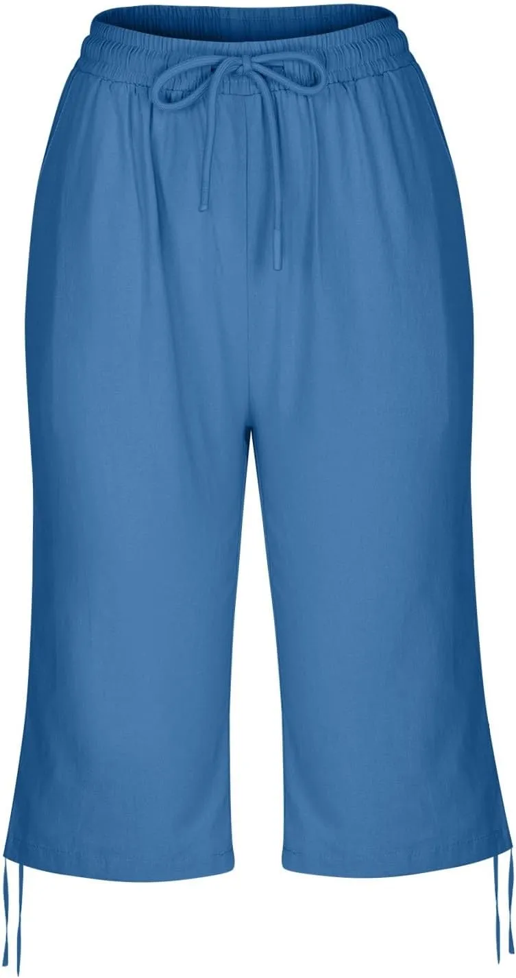 Linen Capri Pants for Womens High Waisted Drawstring Wide Leg Summer Capris Lightweight Elastic Casual Trousers