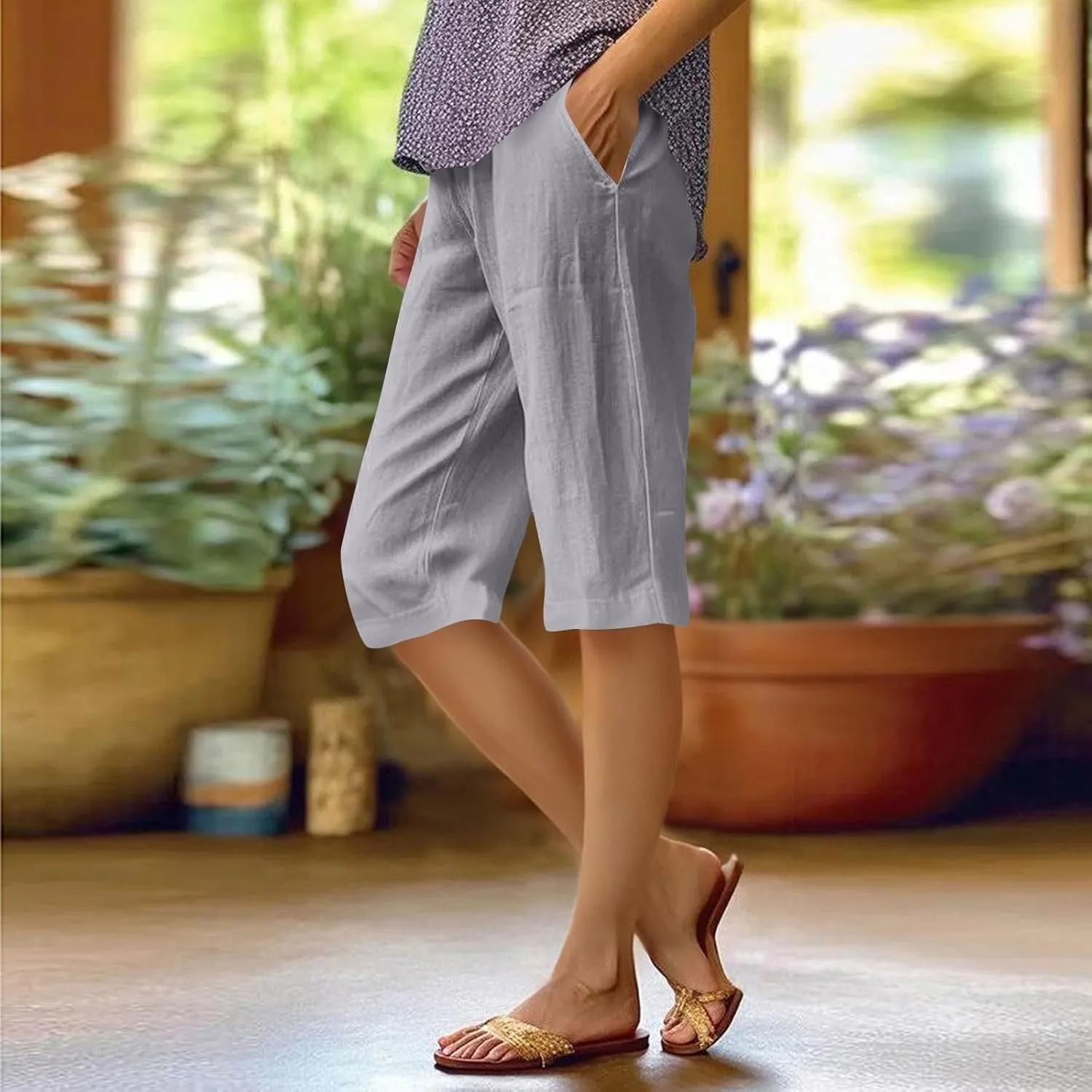 Linen Capri Pants for Womens High Waisted Drawstring Wide Leg Summer Capris Lightweight Elastic Casual Trousers