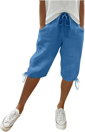 Linen Capri Pants for Womens High Waisted Drawstring Wide Leg Summer Capris Lightweight Elastic Casual Trousers