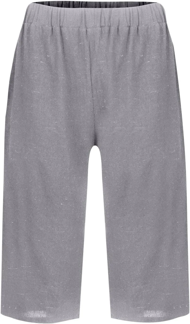 Linen Capri Pants for Womens High Waisted Drawstring Wide Leg Summer Capris Lightweight Elastic Casual Trousers