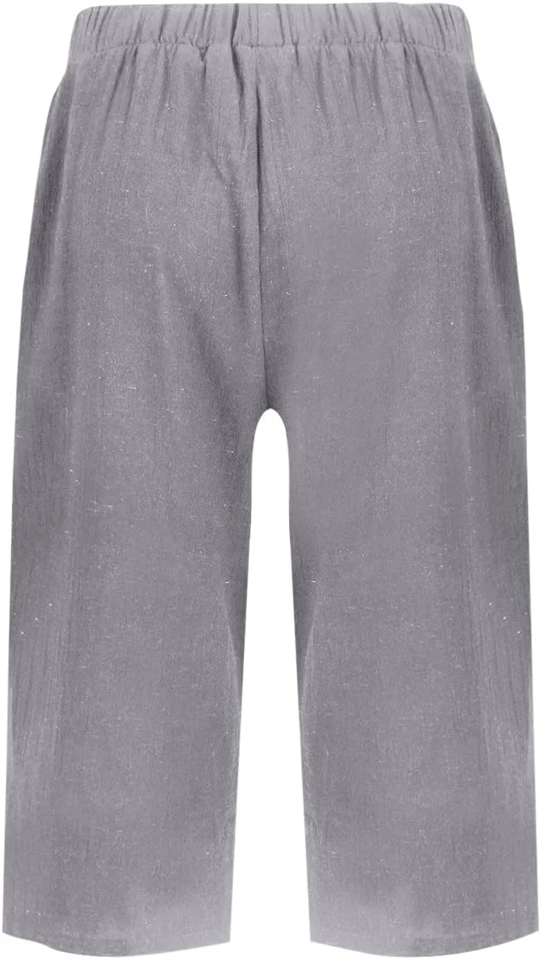 Linen Capri Pants for Womens High Waisted Drawstring Wide Leg Summer Capris Lightweight Elastic Casual Trousers