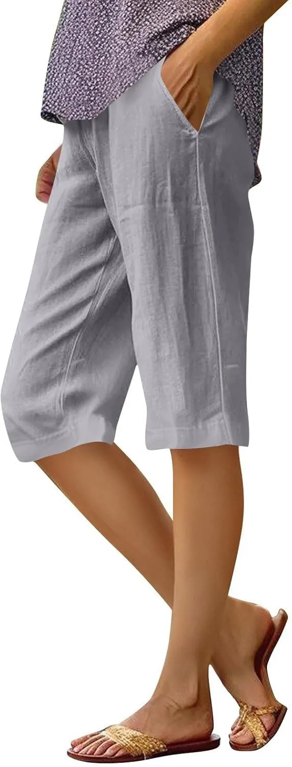 Linen Capri Pants for Womens High Waisted Drawstring Wide Leg Summer Capris Lightweight Elastic Casual Trousers