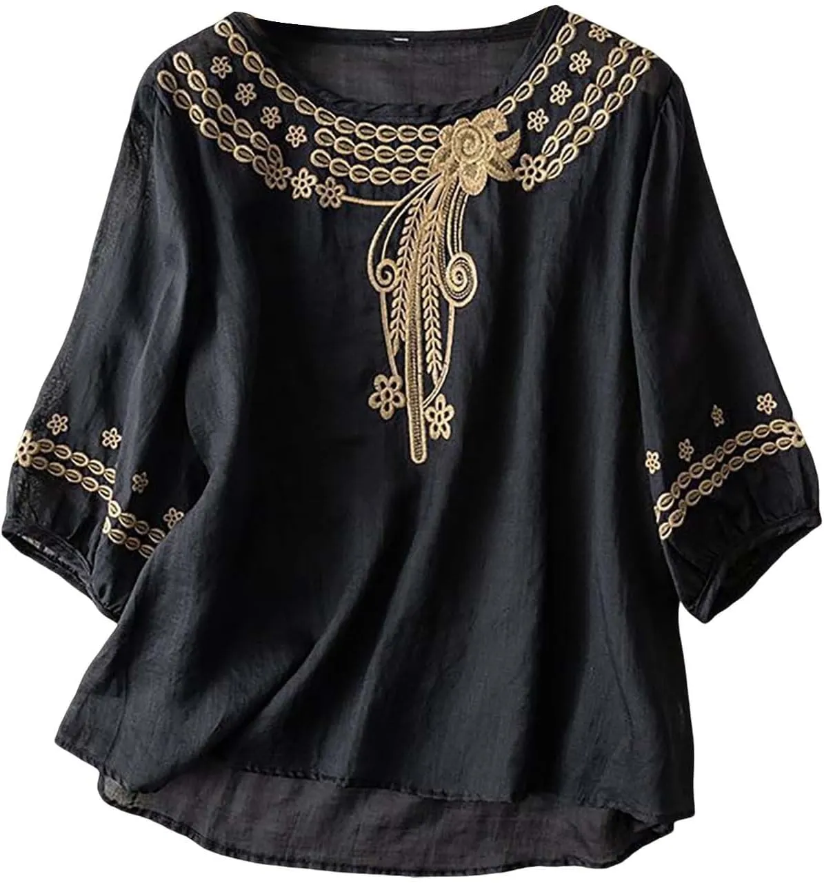Linen Shirts for Women Summer 2025 Retro Embroidered 3/4 Sleeve Boho Tops Dressy Casual Blouses Teacher Loose Tunics