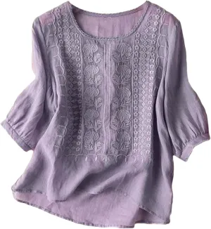 Linen Shirts for Women Summer 2025 Retro Embroidered 3/4 Sleeve Boho Tops Dressy Casual Blouses Teacher Loose Tunics