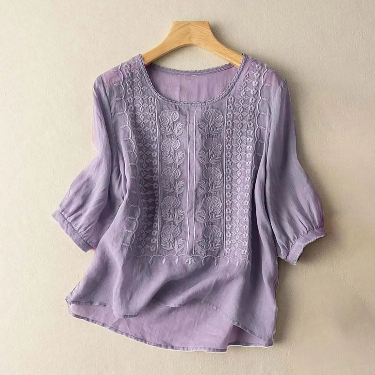 Linen Shirts for Women Summer 2025 Retro Embroidered 3/4 Sleeve Boho Tops Dressy Casual Blouses Teacher Loose Tunics