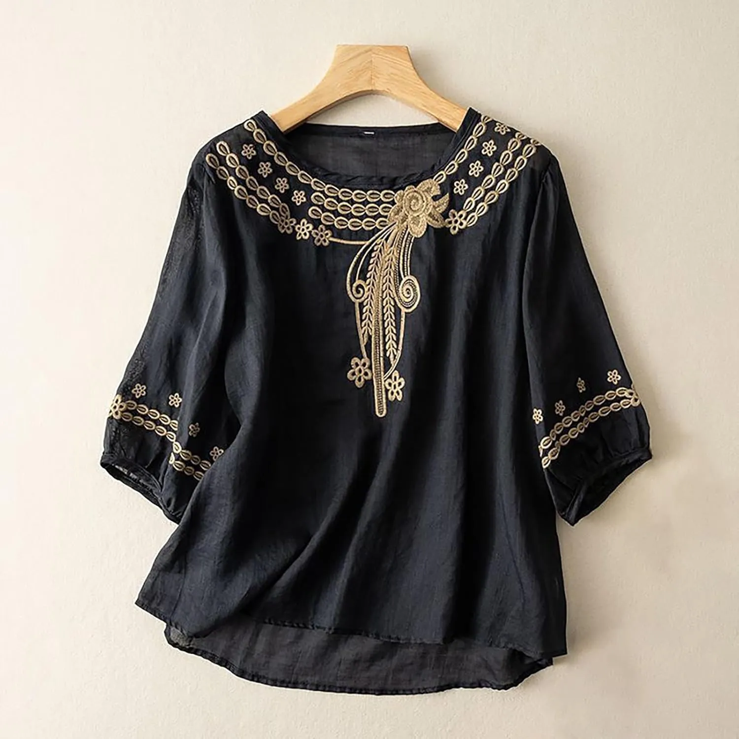 Linen Shirts for Women Summer 2025 Retro Embroidered 3/4 Sleeve Boho Tops Dressy Casual Blouses Teacher Loose Tunics