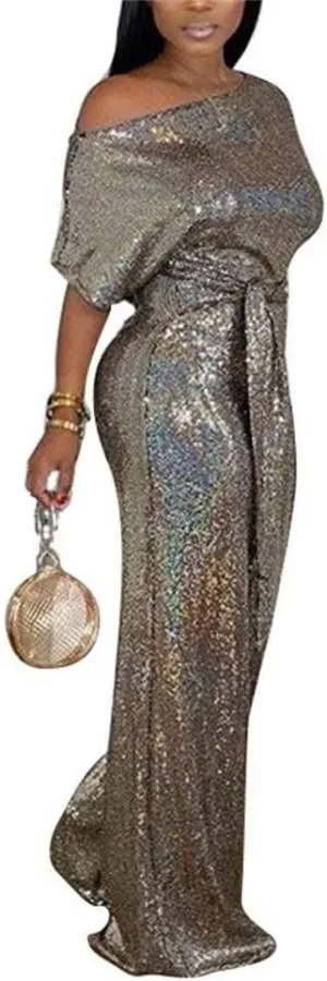 LKOUS Women's Evening Sparkly Jumpsuits Off Shoulder Short Sleeve Party Sequins Rompers High Waisted Wide Leg Pants Suit
