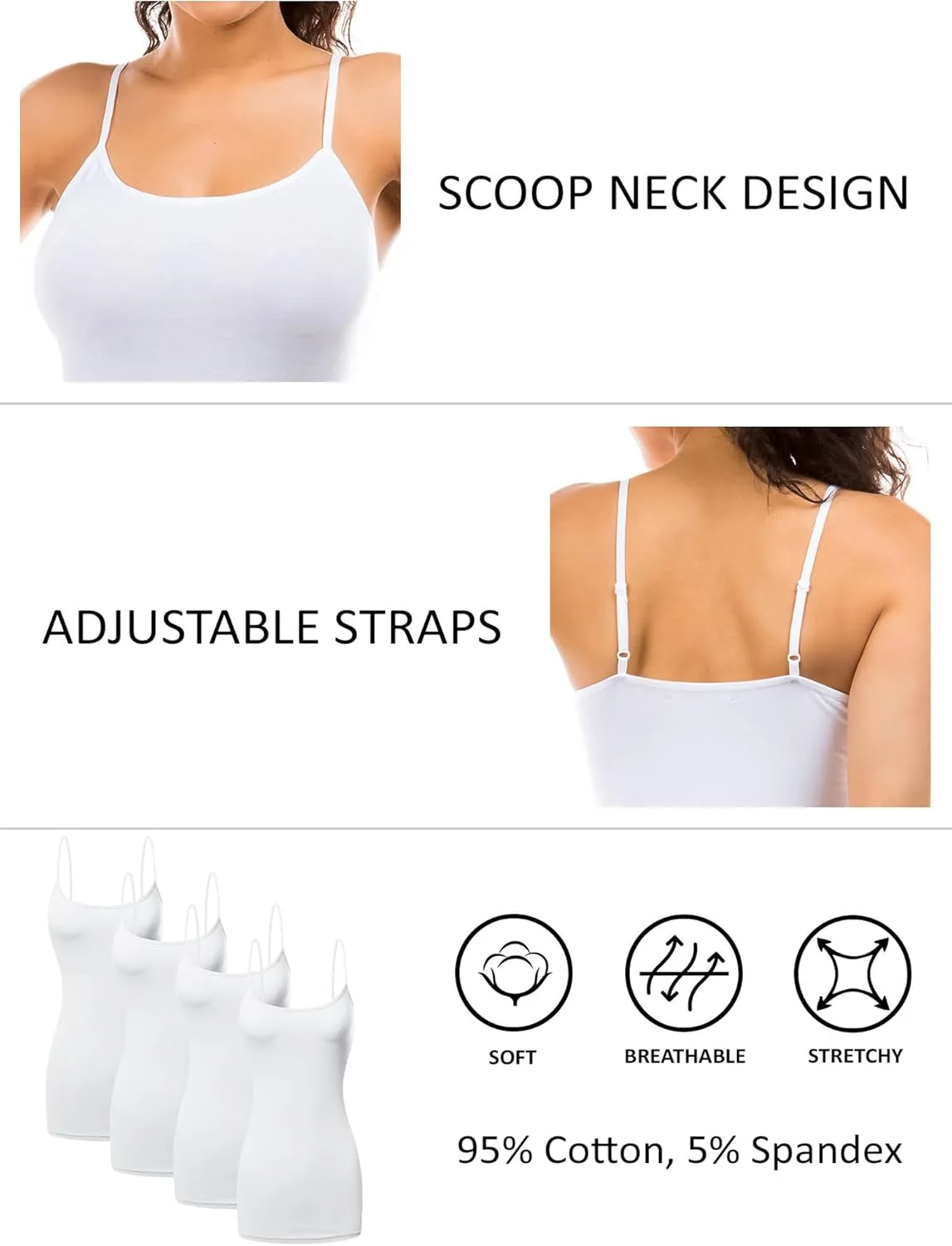 Long Cotton Camisole Spaghetti Strap Tank Top for Women Basic Cami Tops Womens Undershirts - Pack 1-4