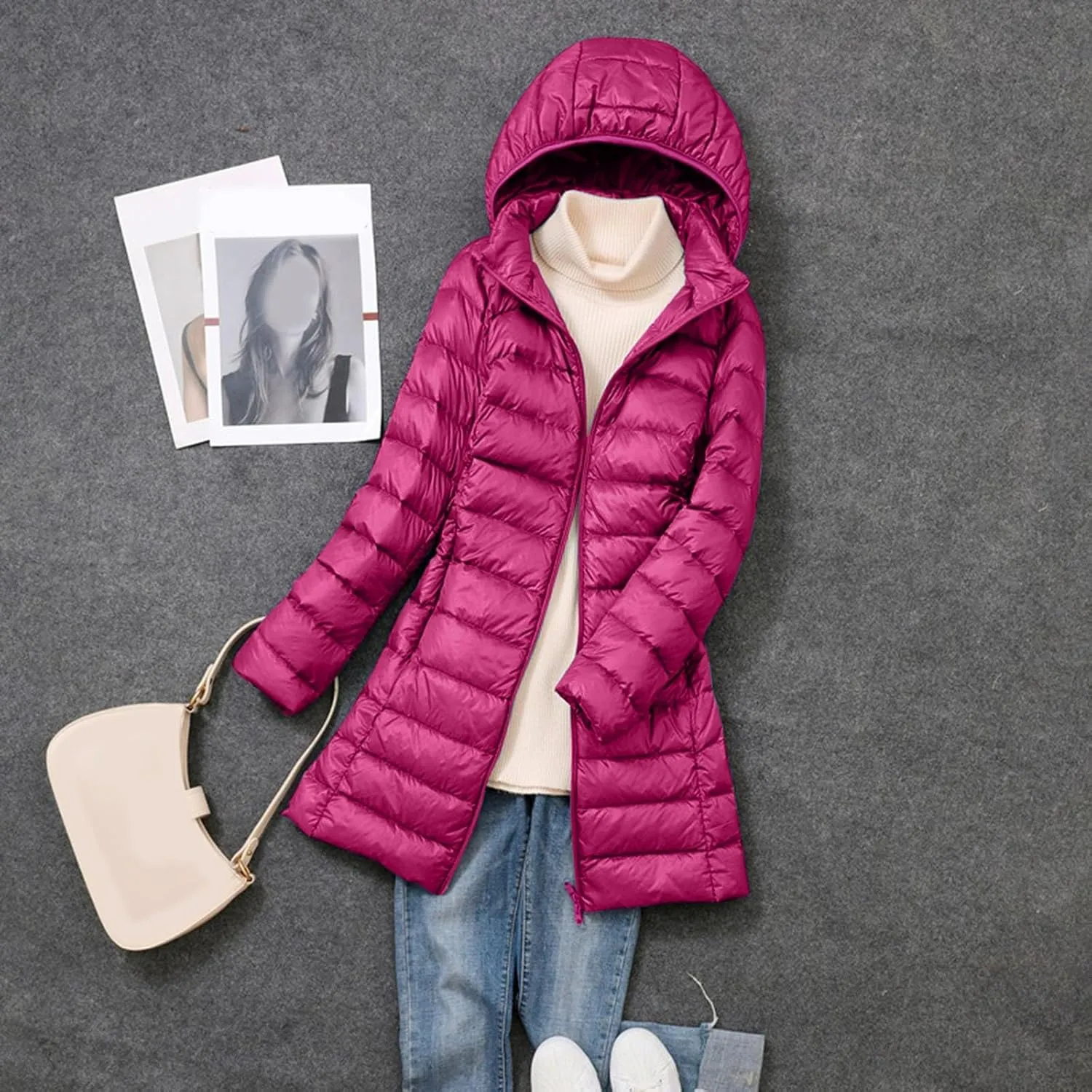 Long Down Jacket for Women Lightweight Packable Travel Puffer Hood Jackets 2023 Fall Warm Slim Fit Casual Duck Down Coat