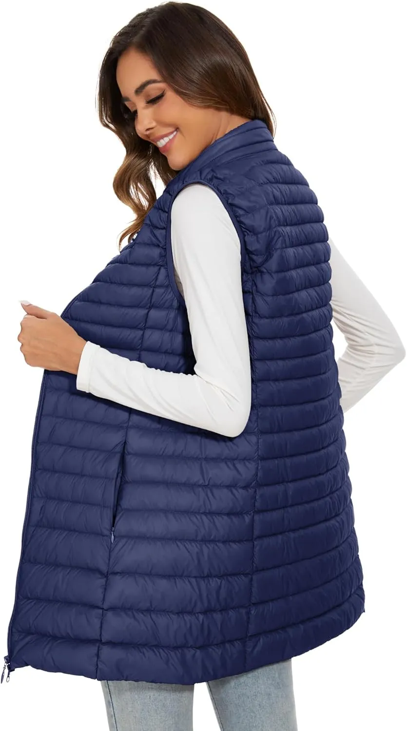 Long Puffer Vest for Women Winter Lightweight Down Vest Black Womens Vests Outerwear Sleeveless Jacket with Pockets