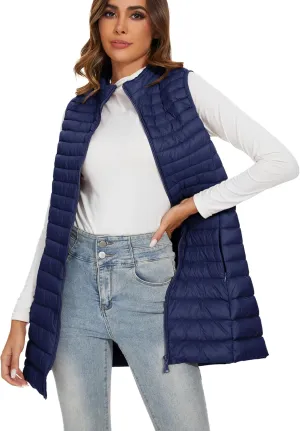 Long Puffer Vest for Women Winter Lightweight Down Vest Black Womens Vests Outerwear Sleeveless Jacket with Pockets