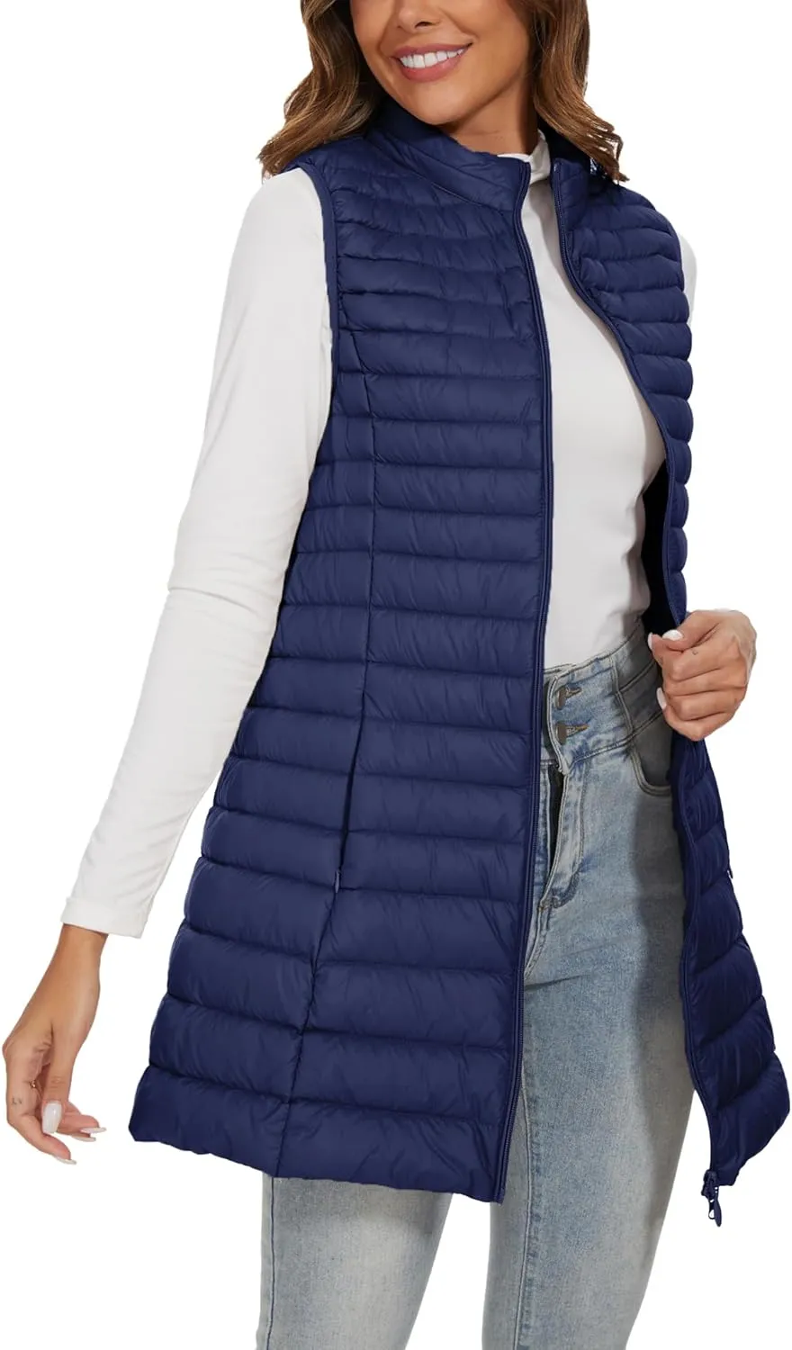 Long Puffer Vest for Women Winter Lightweight Down Vest Black Womens Vests Outerwear Sleeveless Jacket with Pockets