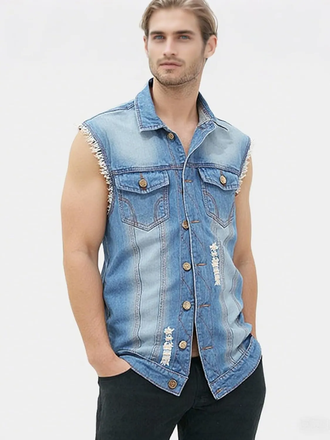 LONGBIDA Men's Denim Vest Casual Slim Fit Sleeveless Jacket Vintage Ripped Summer Jean Vests
