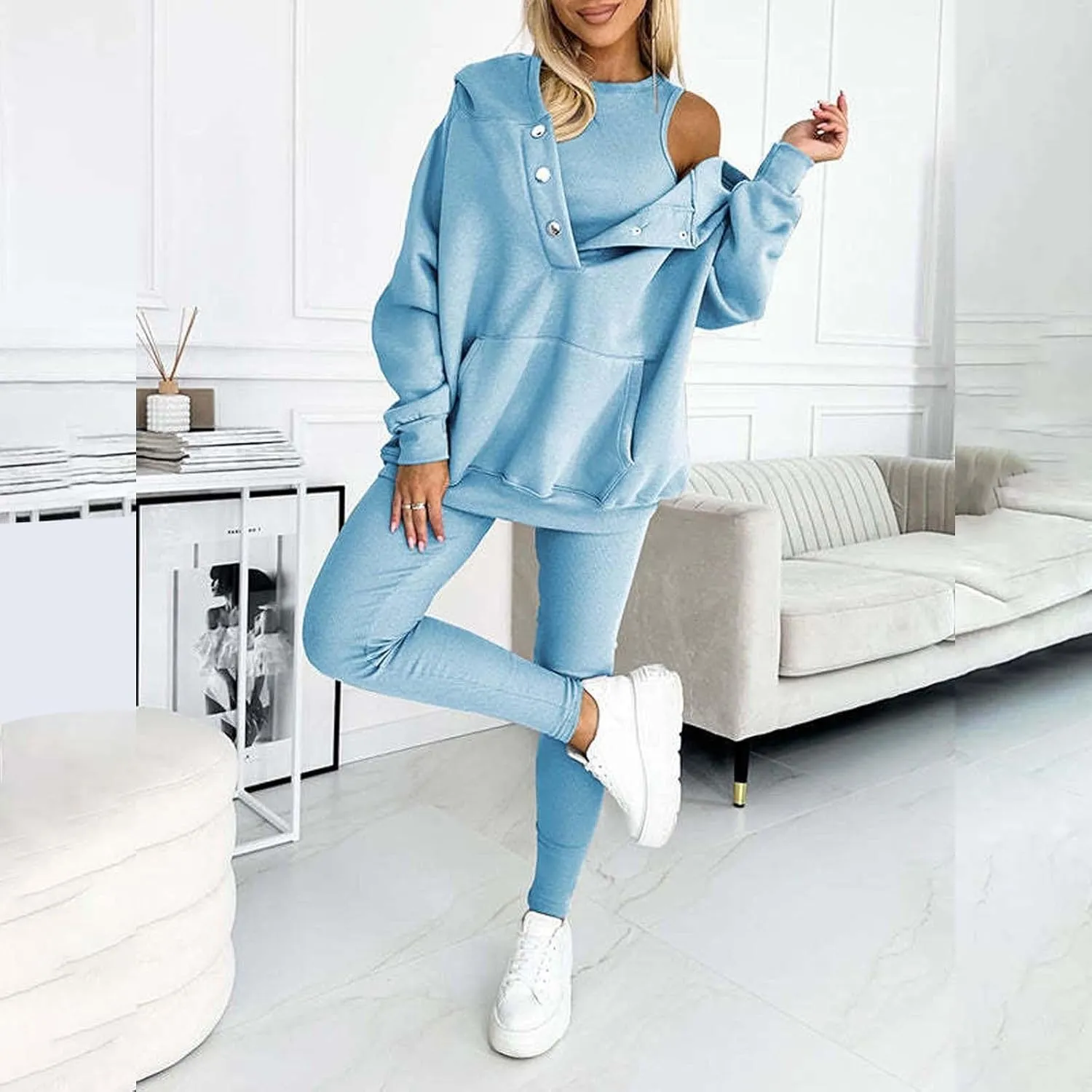 Lounge Sets for Women - 2 Piece Button Thick Outfits Sweatsuit Hoodies with Pants Fall Jogging Track Suits for Women