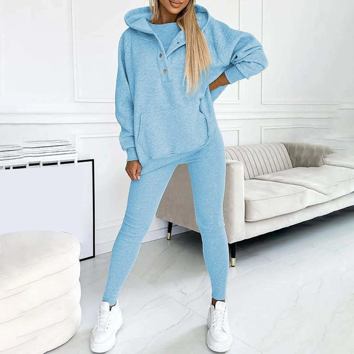 Lounge Sets for Women - 2 Piece Button Thick Outfits Sweatsuit Hoodies with Pants Fall Jogging Track Suits for Women