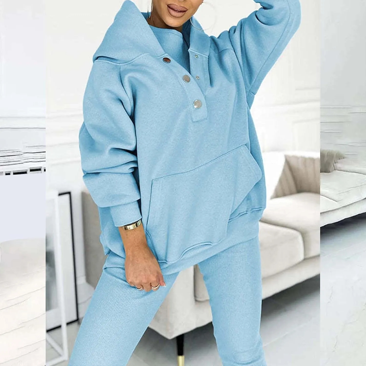 Lounge Sets for Women - 2 Piece Button Thick Outfits Sweatsuit Hoodies with Pants Fall Jogging Track Suits for Women