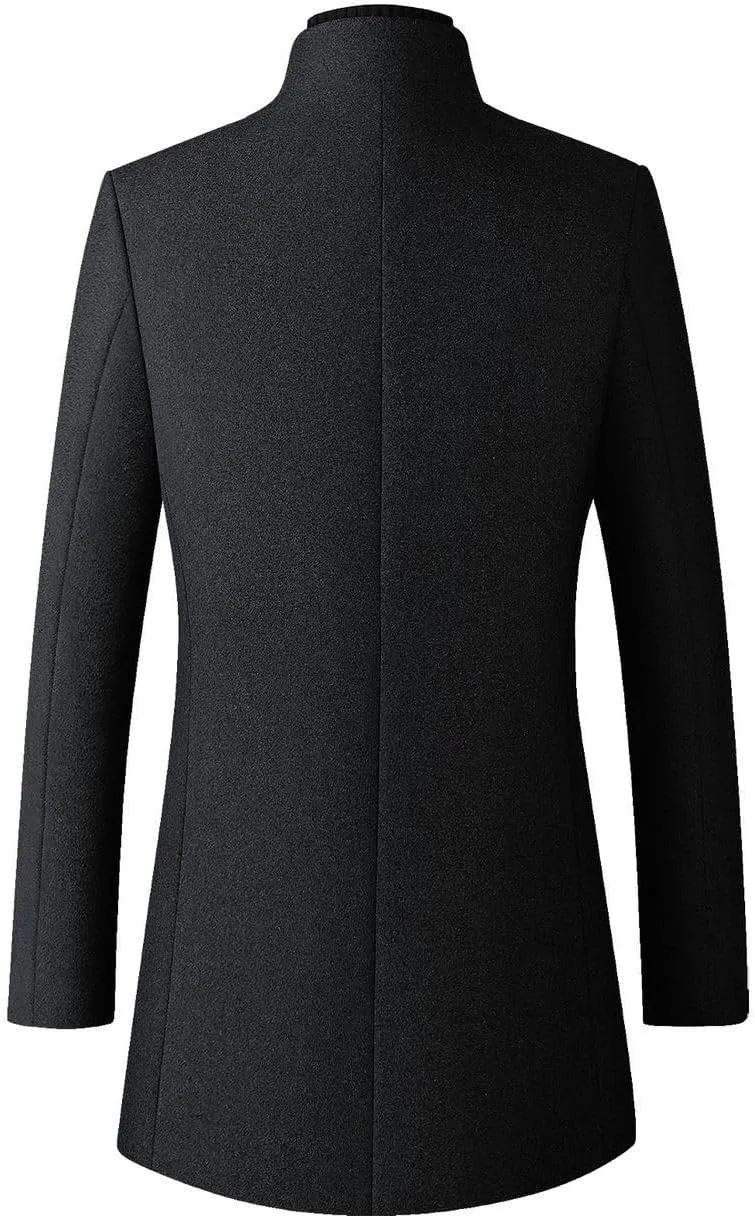 Lu's Chic Men's Slim Fit Wool Jackets & Coats Quilted Single Breasted Top Coat Business Casual Band Collar Trench Coats
