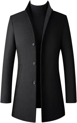 Lu's Chic Men's Slim Fit Wool Jackets & Coats Quilted Single Breasted Top Coat Business Casual Band Collar Trench Coats