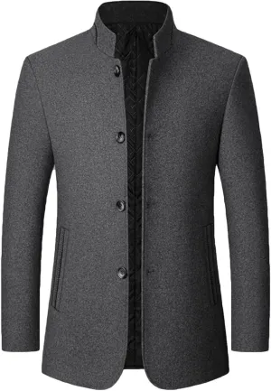 Lu's Chic Men's Wool Trench Coat Winter Coats Single Breasted Quilted Fall Long Sleeve Slim Fit Casual Dressy Jackets