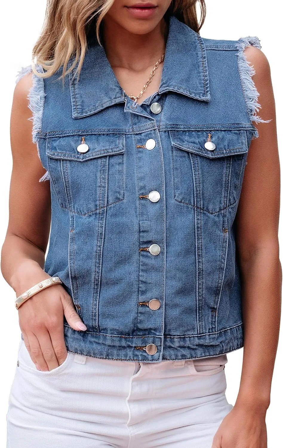 luvamia Denim Vest for Women Button Down Distressed Frayed Vests Top Western Casual Sleeveless Jean Jacket with Pockets