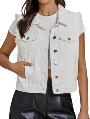luvamia Denim Vest for Women Button Down Distressed Frayed Vests Top Western Casual Sleeveless Jean Jacket with Pockets