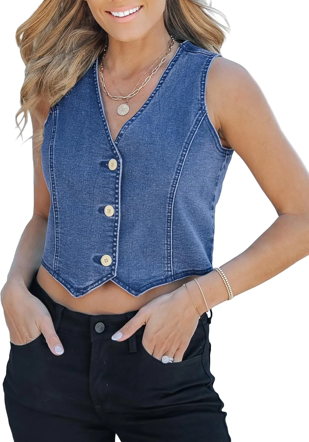 luvamia Jean Vests for Women Crop Denim Top Button Down Waistcoat Vest Tank Tops Fashion Casual Sleeveless Jacket