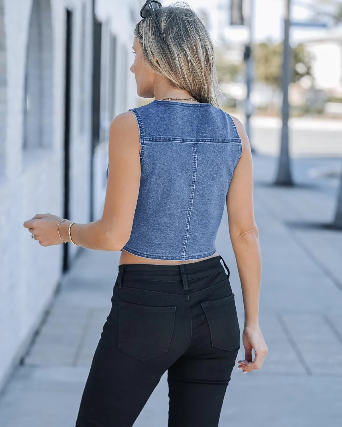 luvamia Jean Vests for Women Crop Denim Top Button Down Waistcoat Vest Tank Tops Fashion Casual Sleeveless Jacket