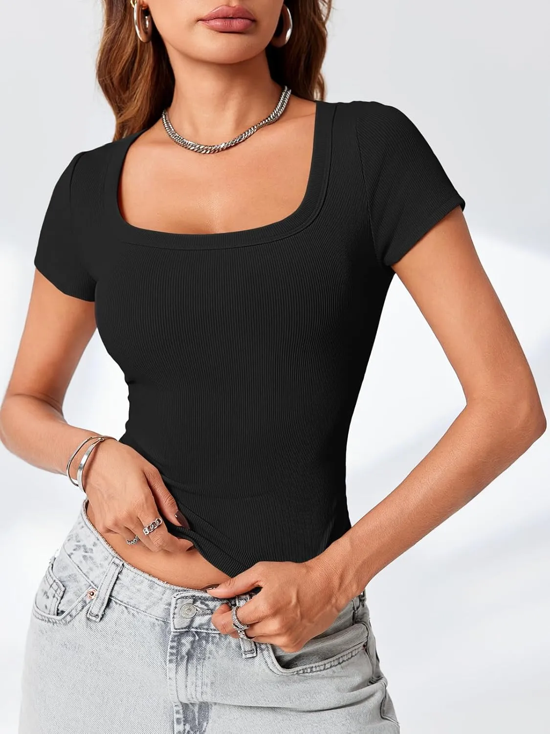 Lynwitkui Womens Scoop Neck Short Sleeve Tops Slim Fit Ribbed Casual Basic T Shirts Tops