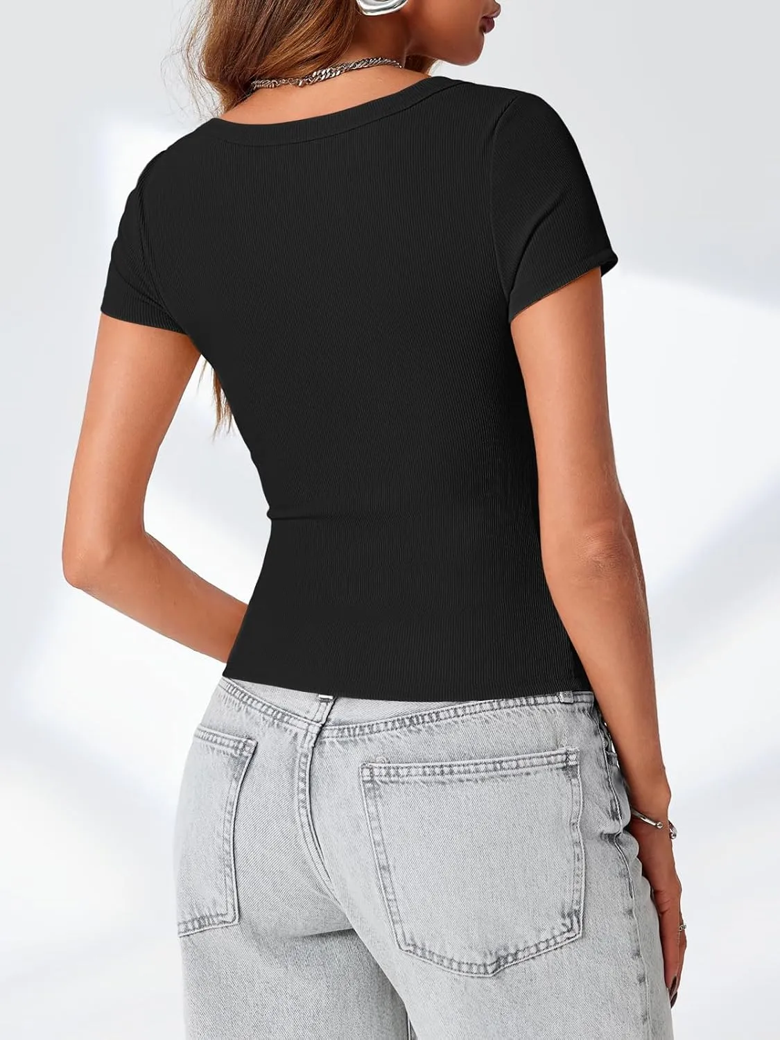 Lynwitkui Womens Scoop Neck Short Sleeve Tops Slim Fit Ribbed Casual Basic T Shirts Tops