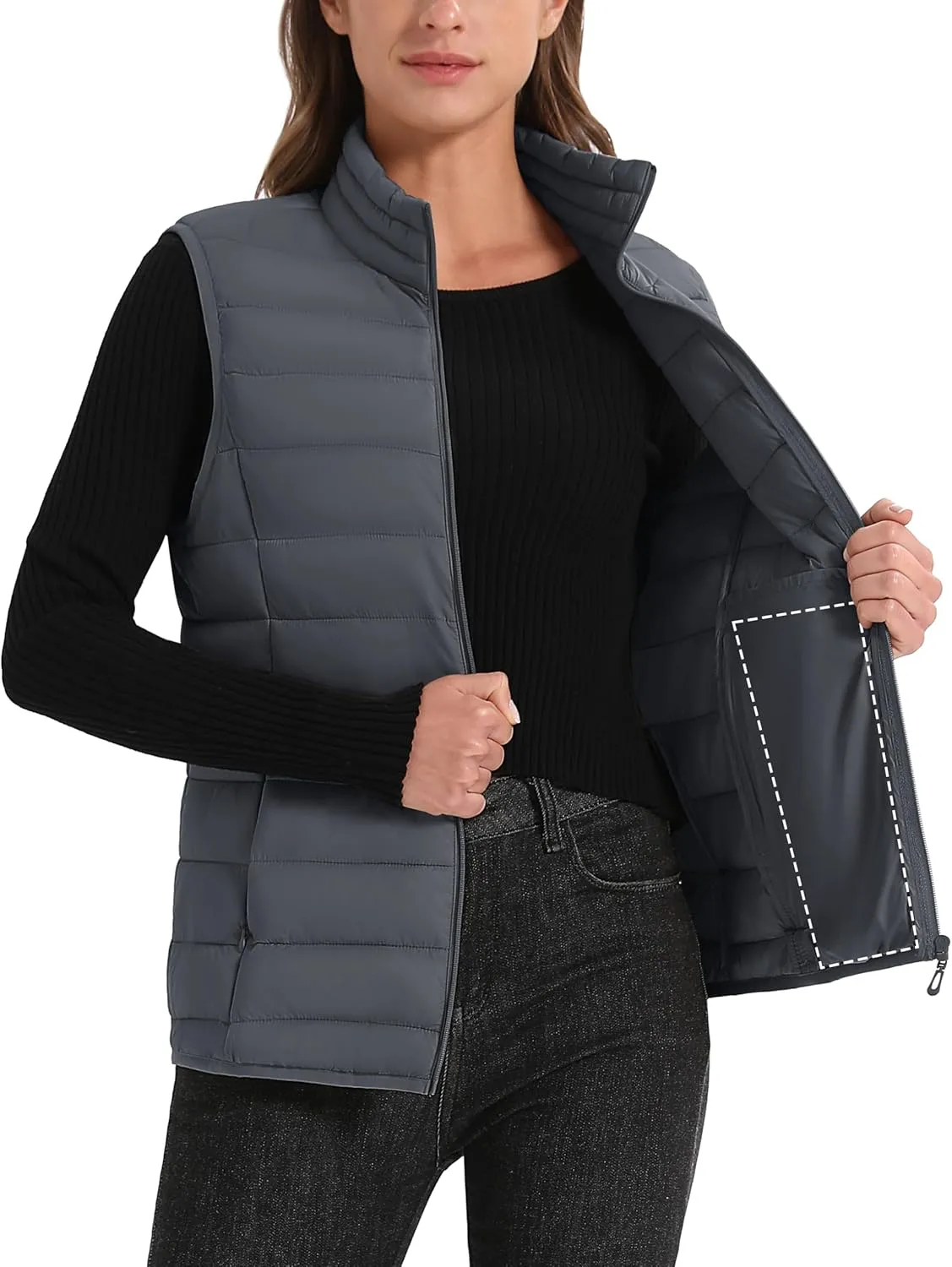 MAGCOMSEN Women's Puffer Vest Lightweight Stand Collar Zip 4 Pockets Puffy Vests Sleeveless Quilted Padded Outerwear