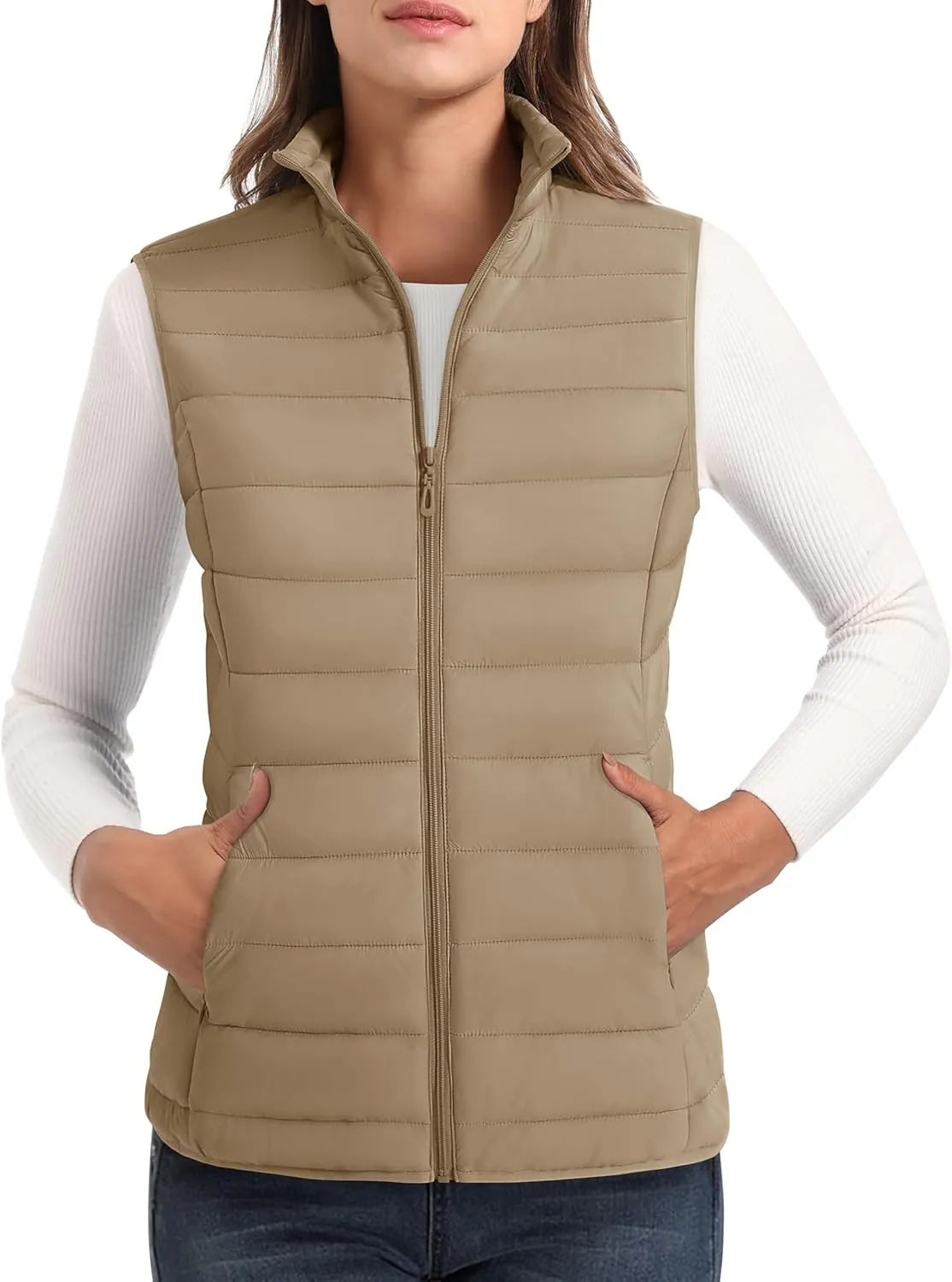 MAGCOMSEN Women's Puffer Vest Lightweight Stand Collar Zip 4 Pockets Puffy Vests Sleeveless Quilted Padded Outerwear