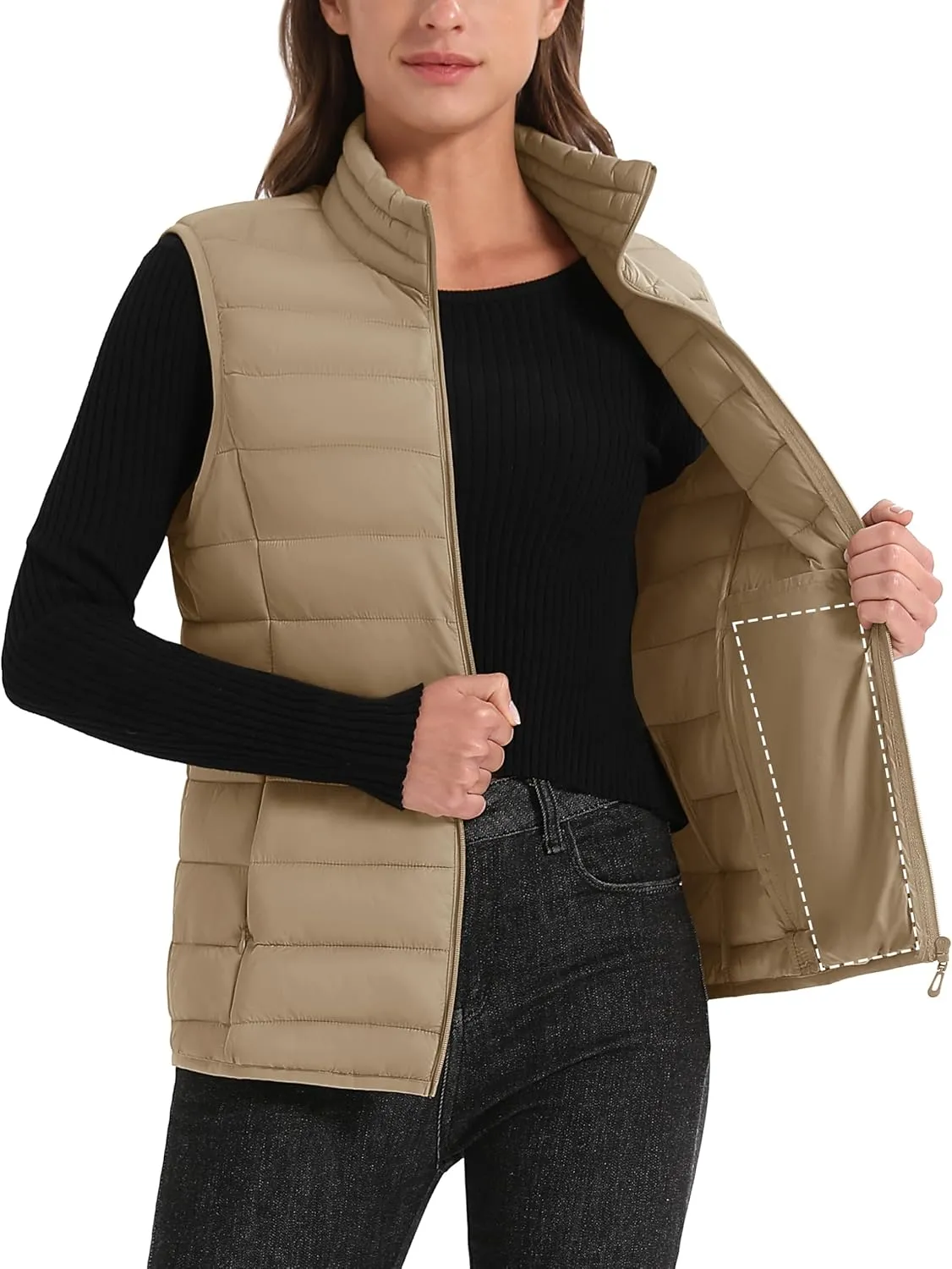 MAGCOMSEN Women's Puffer Vest Lightweight Stand Collar Zip 4 Pockets Puffy Vests Sleeveless Quilted Padded Outerwear
