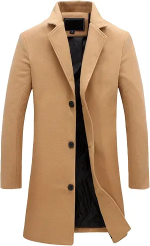 Maiyifu-GJ Men's Full Length Wool Blend Coat Single Breasted Quilted Lined Trench Overcoat Winter Windproof Business Jacket