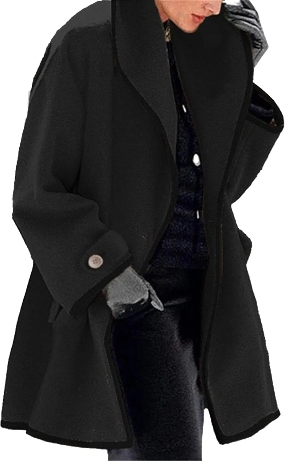 Maiyifu-GJ Wool Coat for Women Casual Notch Lapel Coat Plus Size Single Breasted Long Winter Wool Trench Pea Coat