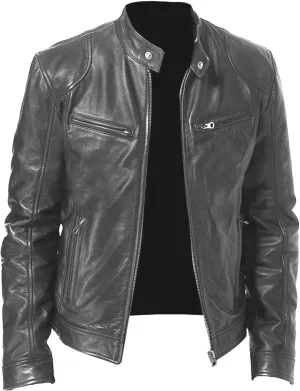Men Leather Motorcycle Jacket Stand Collar Faux Leather Jackets Zip-Up Slim Fit Biker Coat