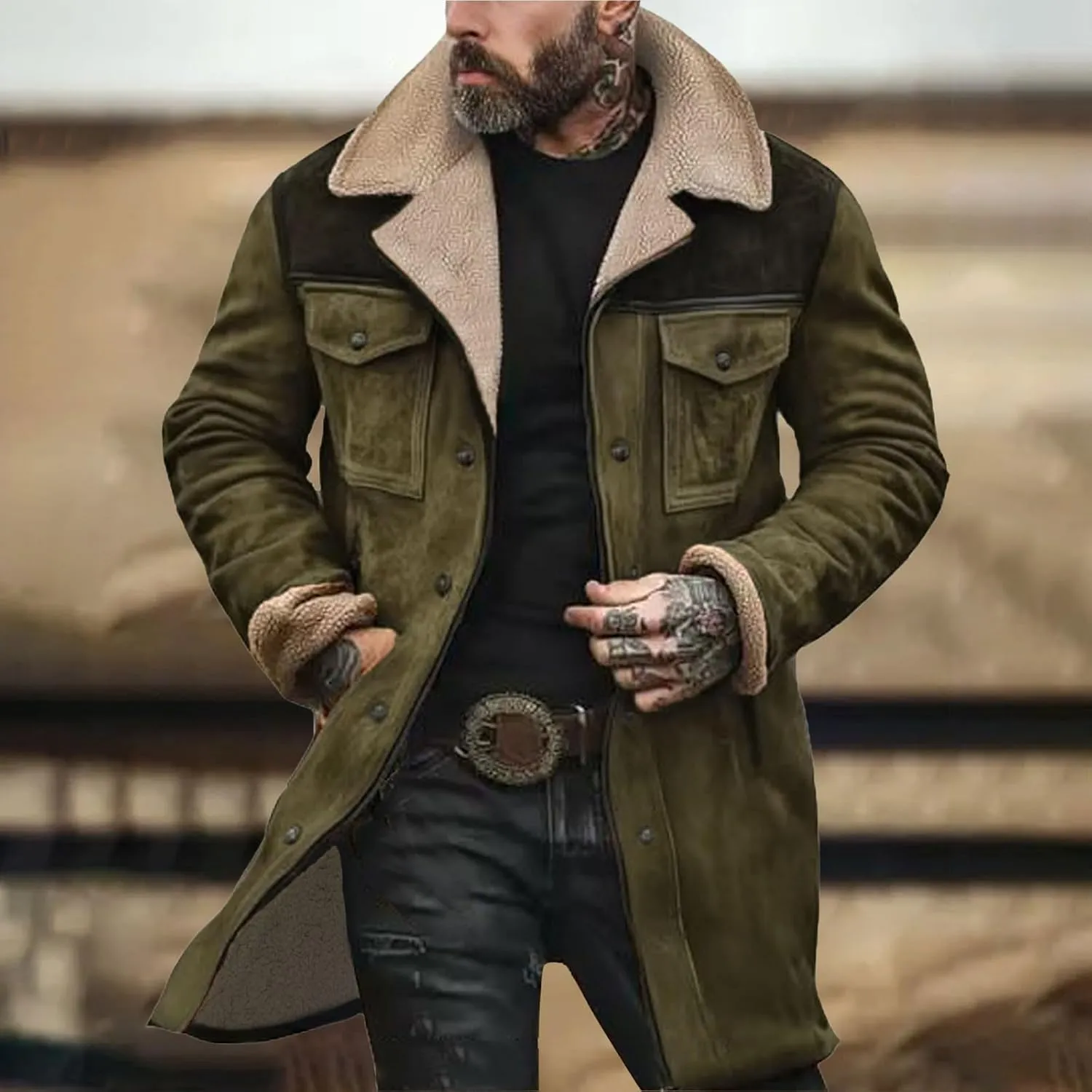 Men Vintage Suede Jacket Plush Collar Coats Faux Leather Winter Long Jackets Men Zip Up Motorcycle Jacket Coats Retro