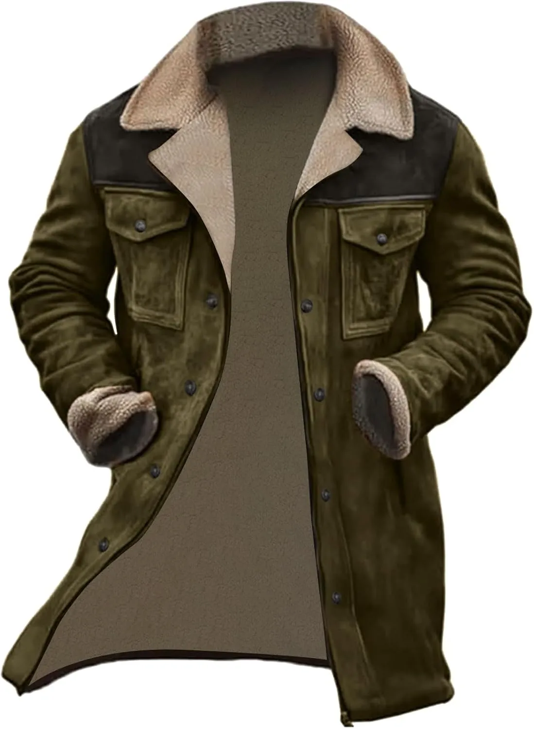 Men Vintage Suede Jacket Plush Collar Coats Faux Leather Winter Long Jackets Men Zip Up Motorcycle Jacket Coats Retro