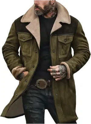 Men Vintage Suede Jacket Plush Collar Coats Faux Leather Winter Long Jackets Men Zip Up Motorcycle Jacket Coats Retro