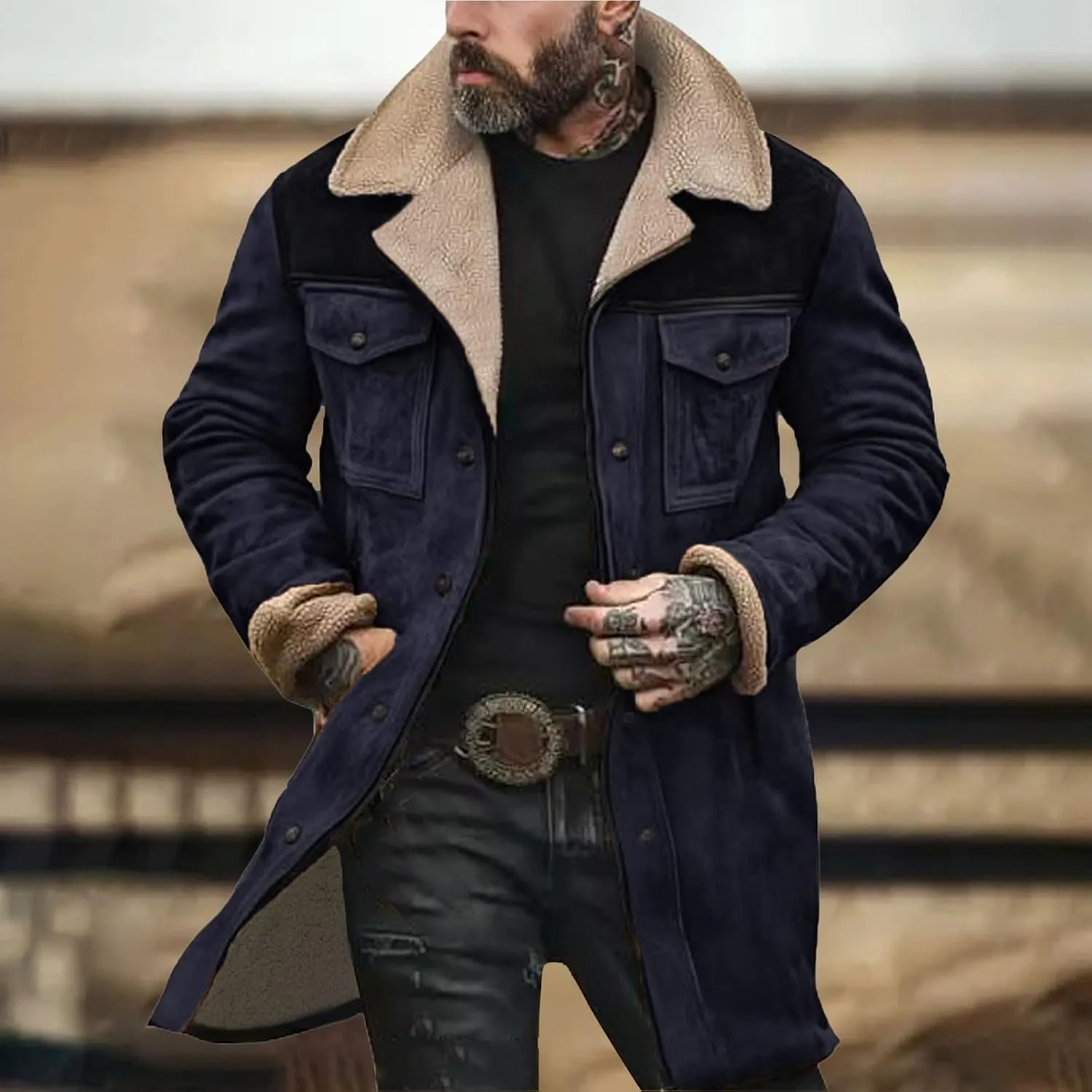 Men Vintage Suede Jacket Plush Collar Coats Faux Leather Winter Long Jackets Men Zip Up Motorcycle Jacket Coats Retro