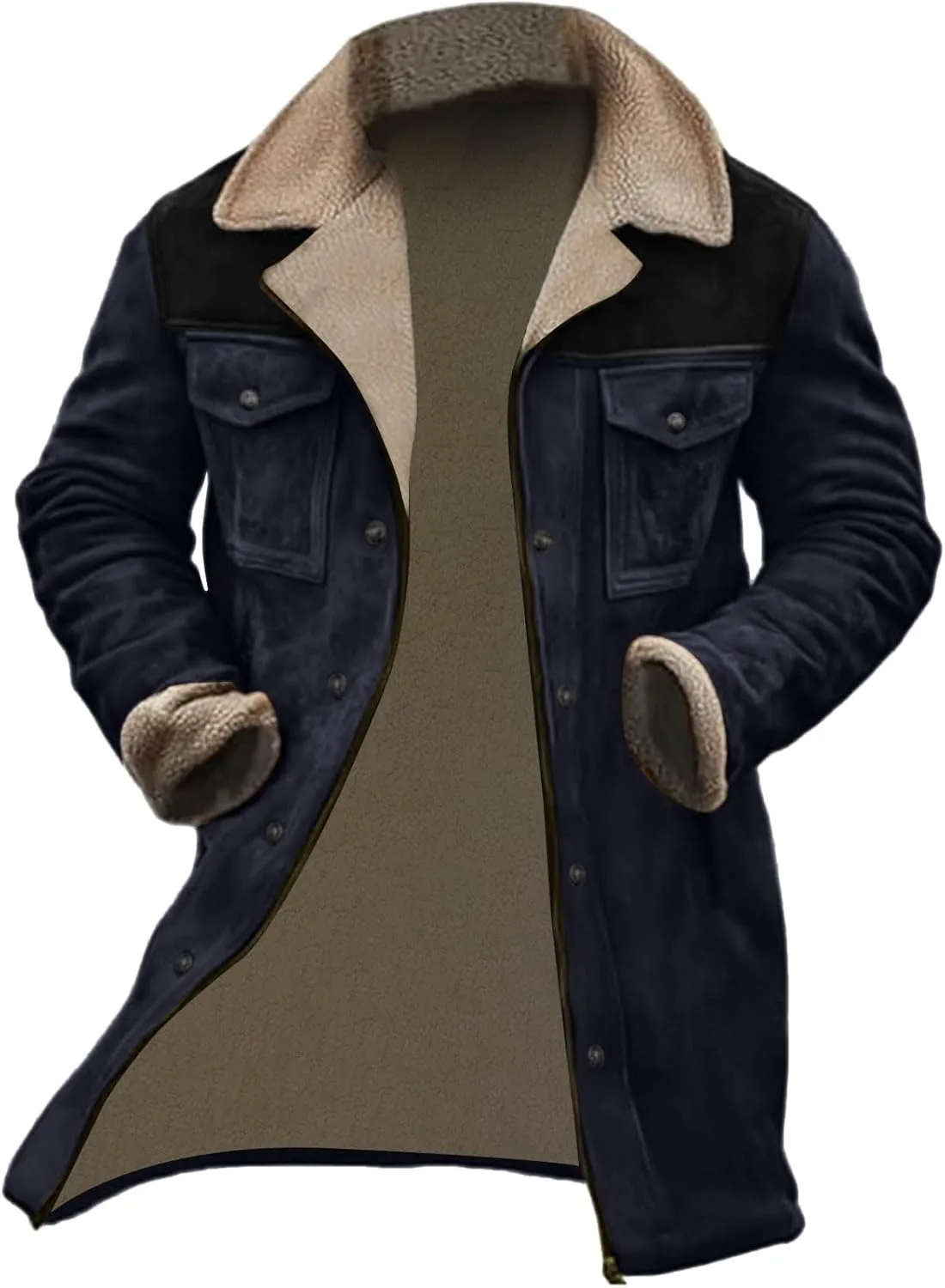 Men Vintage Suede Jacket Plush Collar Coats Faux Leather Winter Long Jackets Men Zip Up Motorcycle Jacket Coats Retro