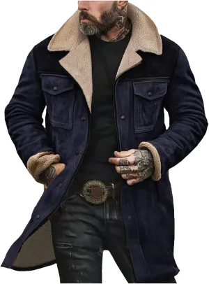 Men Vintage Suede Jacket Plush Collar Coats Faux Leather Winter Long Jackets Men Zip Up Motorcycle Jacket Coats Retro