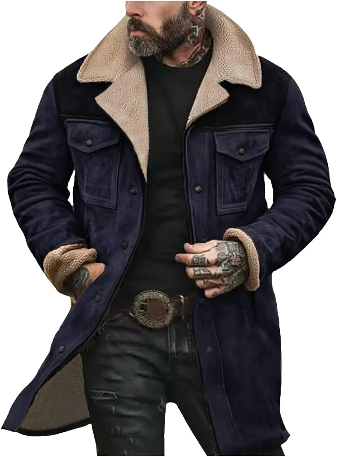 Men Vintage Suede Jacket Plush Collar Coats Faux Leather Winter Long Jackets Men Zip Up Motorcycle Jacket Coats Retro