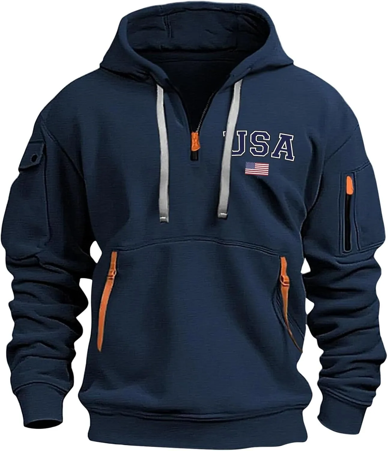 Men'S 1/4 Zip-Up Hoodies With Pockets Featuring A Pullover Design And An American Flag Print Hoodie Top