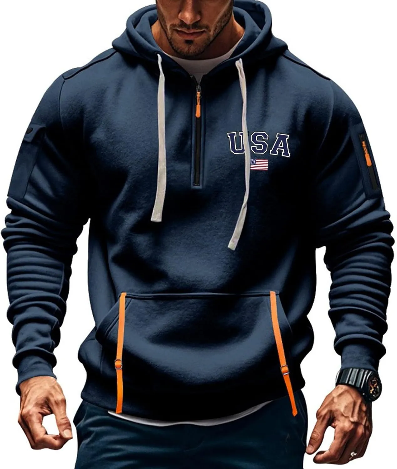 Men'S 1/4 Zip-Up Hoodies With Pockets Featuring A Pullover Design And An American Flag Print Hoodie Top