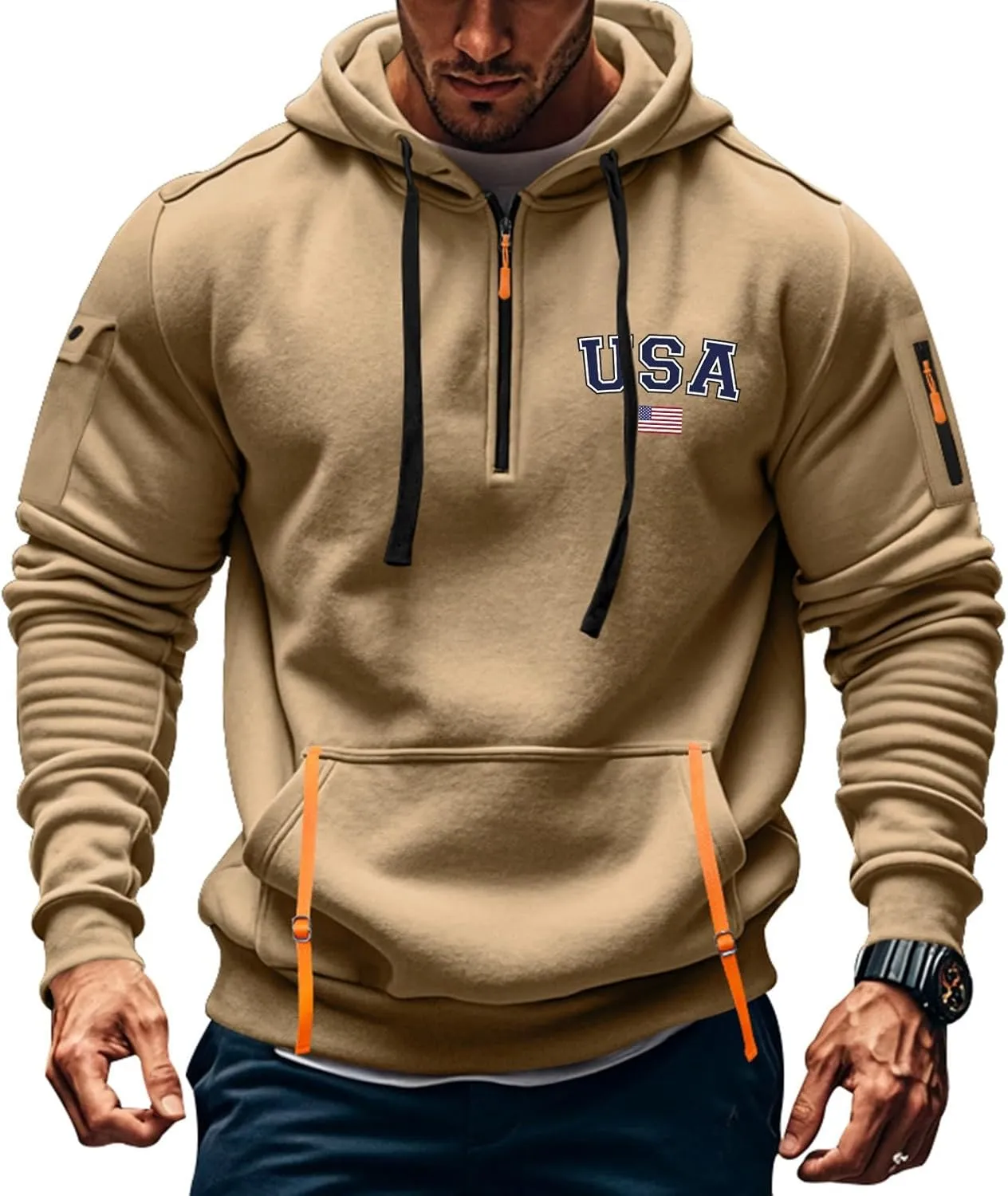 Men'S 1/4 Zip-Up Hoodies With Pockets Featuring A Pullover Design And An American Flag Print Hoodie Top