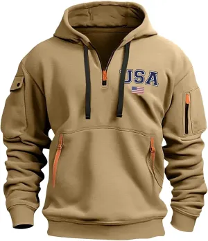 Men'S 1/4 Zip-Up Hoodies With Pockets Featuring A Pullover Design And An American Flag Print Hoodie Top
